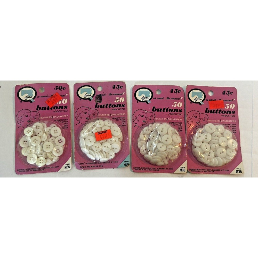 Vintage White Plastic Buttons Lot of‎ 4 Packages NOS DYNO Sewing 1960s NY USA